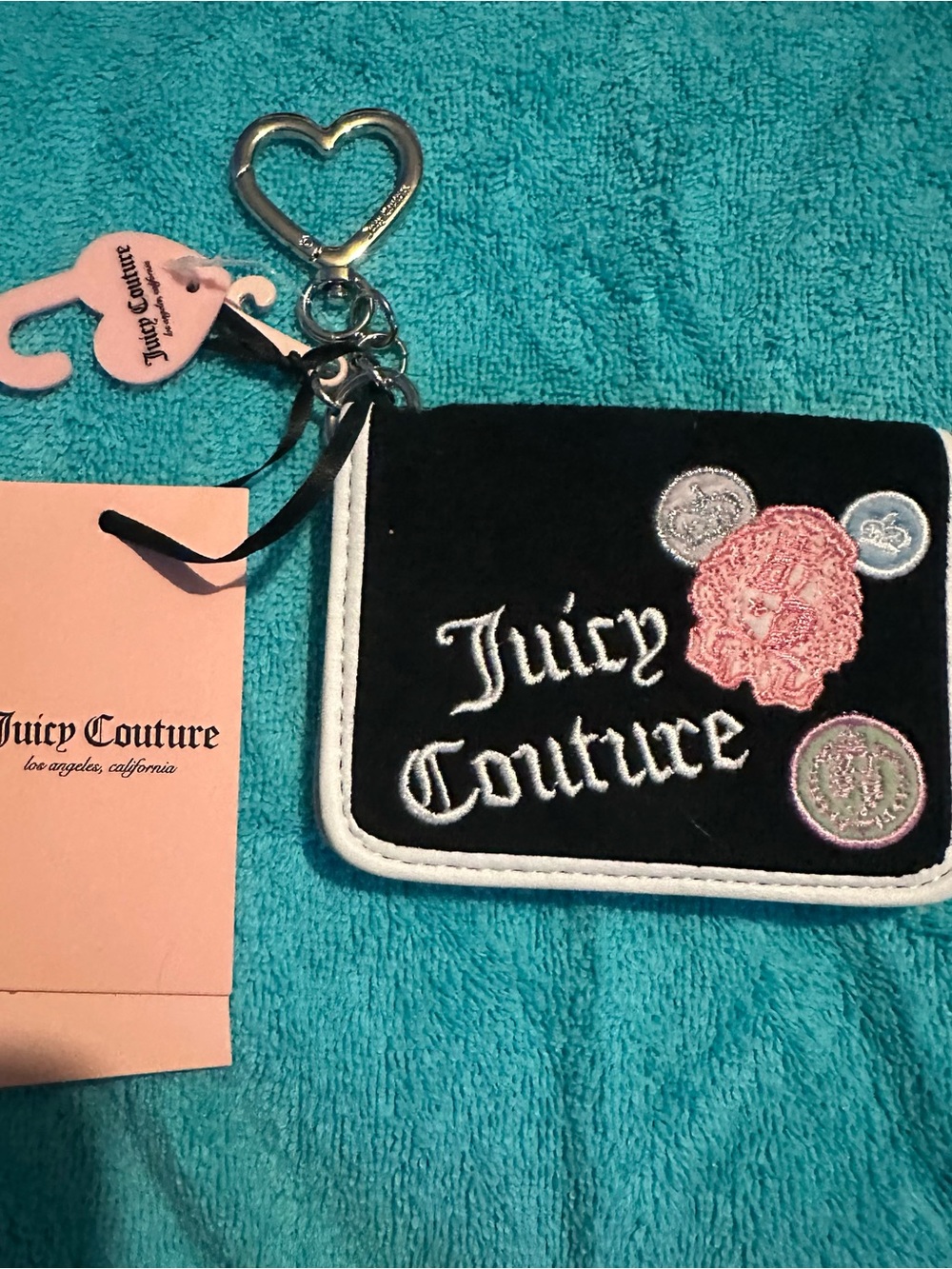 Juicy Couture Black Velvet Card Holder Keychain with Pink & White Accents